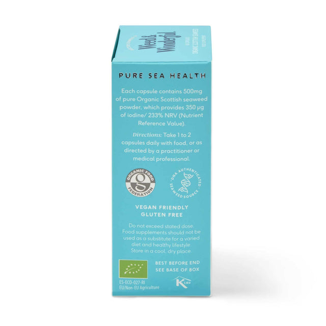 Box of 60 organic seaweed capsules with fresh seaweed and health benefits diagram on packaging