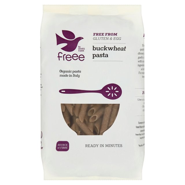 A 500g packet of Doves Farm Organic Buckwheat Pasta, showcasing wholesome, gluten-free, vegan-friendly buckwheat noodles perfect for quick, healthy meals