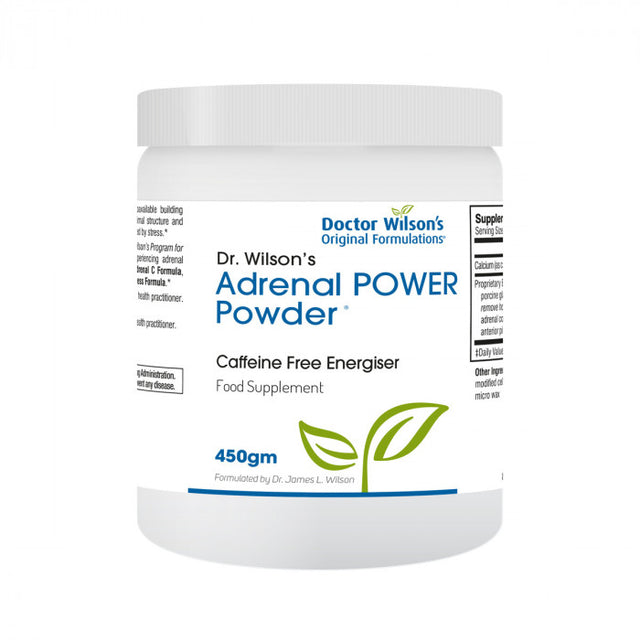 A close-up image of Dr Wilson's Adrenal Power Powder 450g jar, showing the label with detailed nutritional information and ingredients list, highlighting the supplement's focus on supporting adrenal health during stress