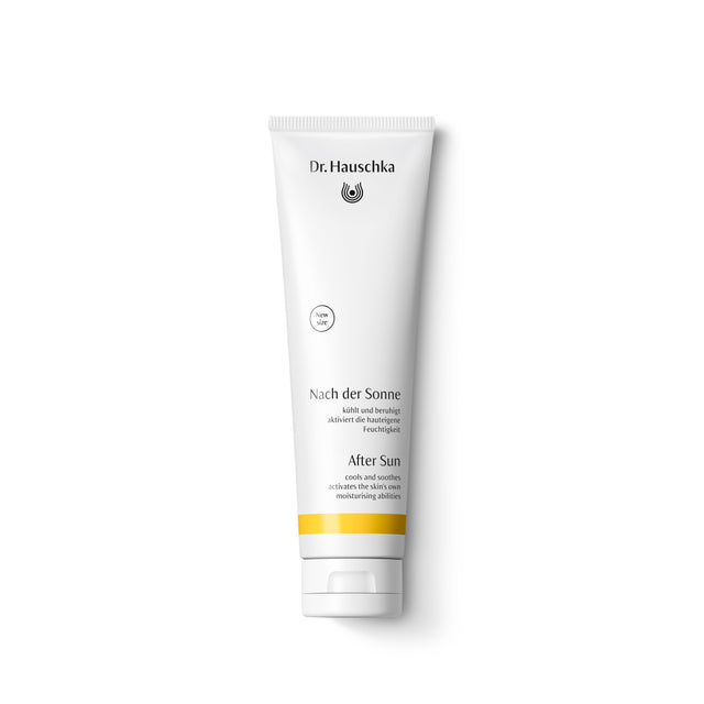 A 150ml bottle of Dr Hauschka After Sun lotion, featuring natural ingredients like rose, almond, and calendula extracts, designed to cool, refresh, soothe sun-exposed skin, and maintain natural tan with nourishing, balancing properties suitable for sensitive skin year-round