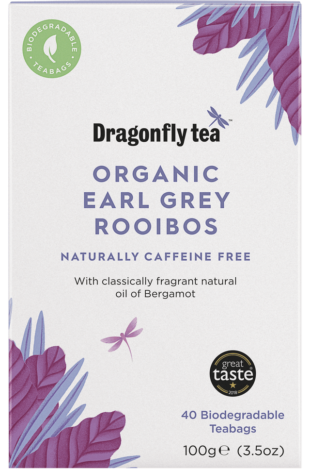 Image of Dragonfly Organic Earl Grey Rooibos Tea box featuring 40 teabags, showcasing the vibrant packaging with an illustration of tea leaves and a bergamot citrus fruit, highlighting the product's natural, caffeine-free rooibos complemented by bergamot oil for an authentic Earl Grey flavour