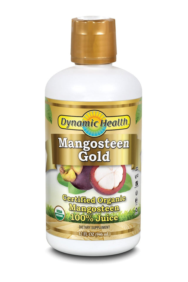 A bottle of Organic Mangosteen Gold 32oz juice showing the label with imagery of ripe mangosteen fruit and highlighting its organic, pure ingredients and health benefits