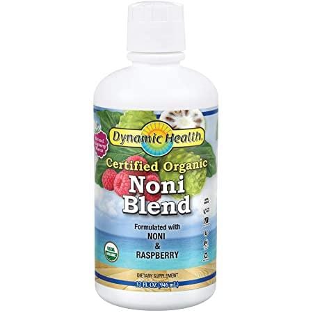 A 32oz bottle of Dynamic Health Organic Noni Juice blended with organic raspberry puree, highlighting a vibrant, natural beverage rich in antioxidants, enzymes, and phytochemicals, designed to support immune health, reduce inflammation, and boost energy naturally