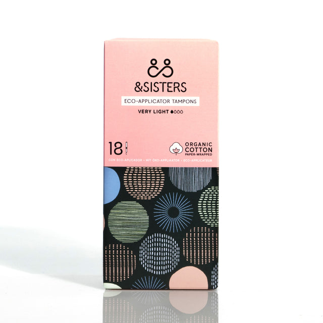 Image showing an 18-pack of &Sisters Eco-Applicator Tampons in Very Light absorbency, featuring eco-friendly packaging and highlighting the organic cotton core and biodegradable, plastic-free design for natural, toxin-free period care