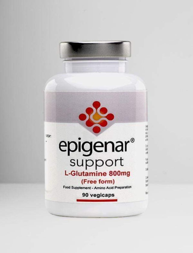 A close-up image of Epigenar L-Glutamine 800 capsules, showcasing the 90 vegetable capsules with a focus on their label and packaging