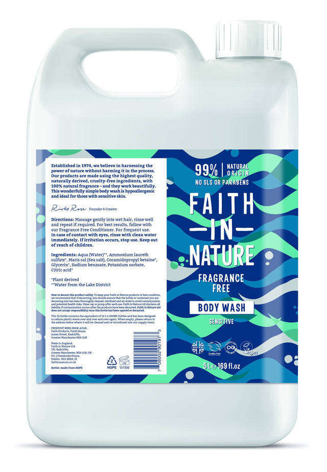 A 5-litre refill bottle of Faith in Nature fragrance-free body wash, featuring ingredients like water, sea salt, vegetable-derived surfactants, and glycerin, suitable for sensitive skin