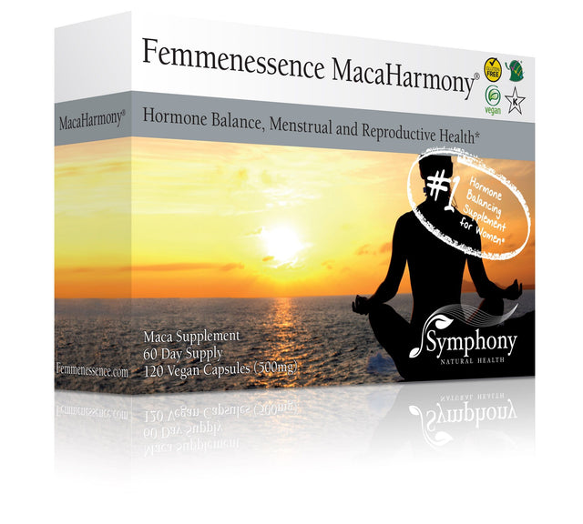 A bottle of Femmenessence MacaHarmony 120 vegan capsules alongside a natural herb and plant-based ingredients, supporting hormonal balance and menstrual health in women