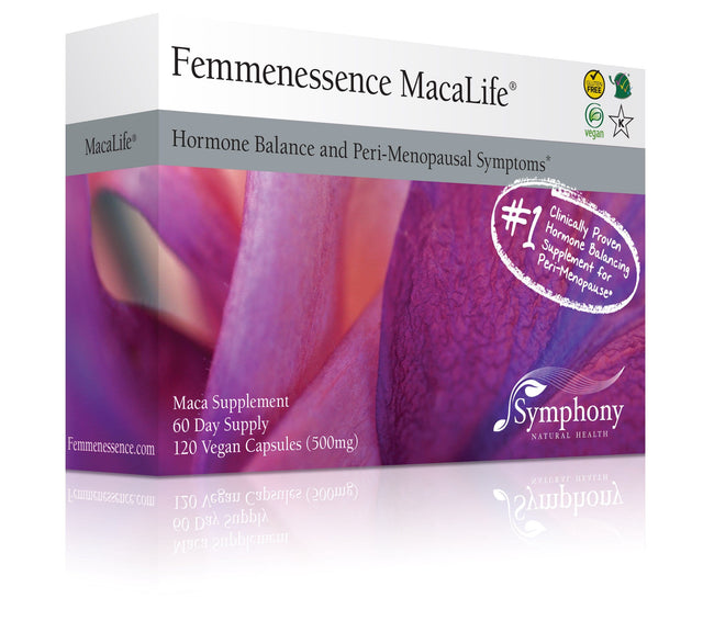 A bottle of Femmenessence MacaLife 500mg capsules made from certified organic maca root, highlighting eco-friendly plant-based capsules and absence of chemicals or artificial additives