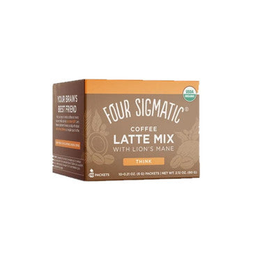 A box of Four Sigmatic Coffee Latte with Lion's Mane containing 10 sachets, featuring organic ingredients like coconut milk powder, instant coffee, lion’s mane mushroom, chaga mushroom, coconut palm sugar, lucuma, mucuna, and stevia, designed to support focused energy and mental clarity