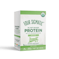 A photo showing a box of Four Sigmatic Organic Plant-Based Protein sachets with a shaker cup and natural ingredients