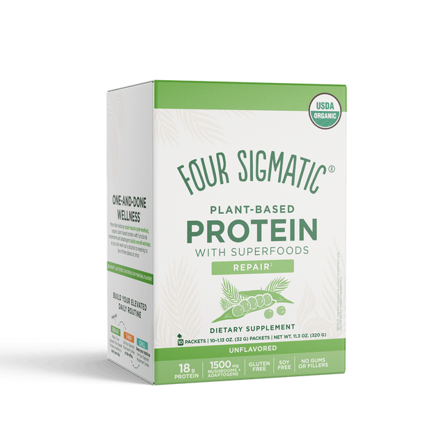 A photo showing a box of Four Sigmatic Organic Plant-Based Protein sachets with a shaker cup and natural ingredients
