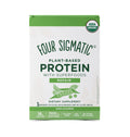 An image displaying three unopened sachets of Four Sigmatic organic plant-based protein with ingredients like mushrooms and adaptogens around