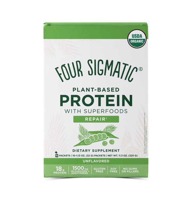 An image displaying three unopened sachets of Four Sigmatic organic plant-based protein with ingredients like mushrooms and adaptogens around