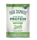 A close-up of the supplement package highlighting the unflavoured protein sachets and detailed product description