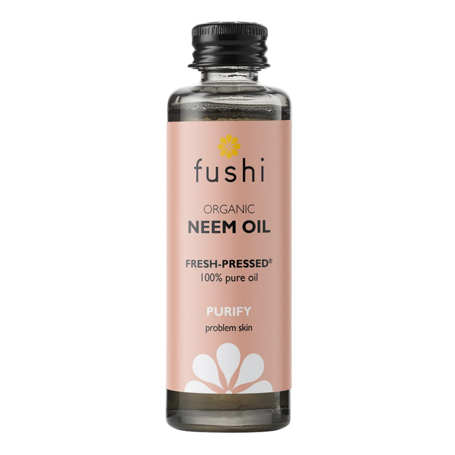 Organic Fushi Neem Oil 50ml in a glass bottle, highlighting its pure, cold-pressed, unrefined nature, ideal for skin and scalp health, with nourishing and antibacterial properties