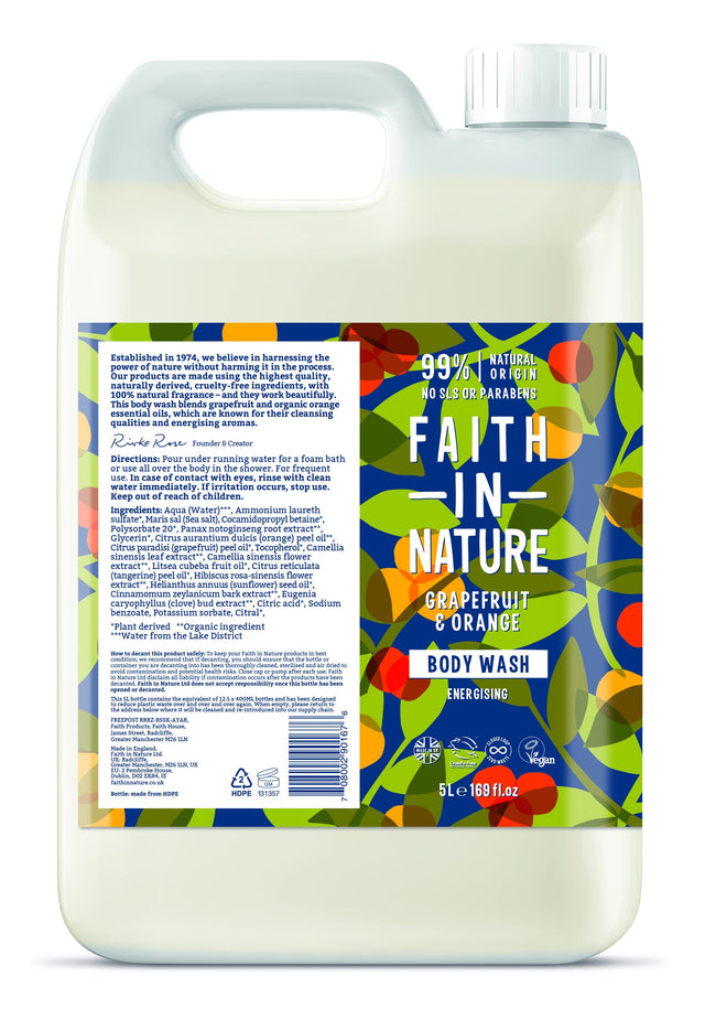 A large 5-litre container of Faith in Nature Grapefruit & Orange Body Wash with fresh citrus oils and natural extracts, ideal for nourishing and revitalising skin
