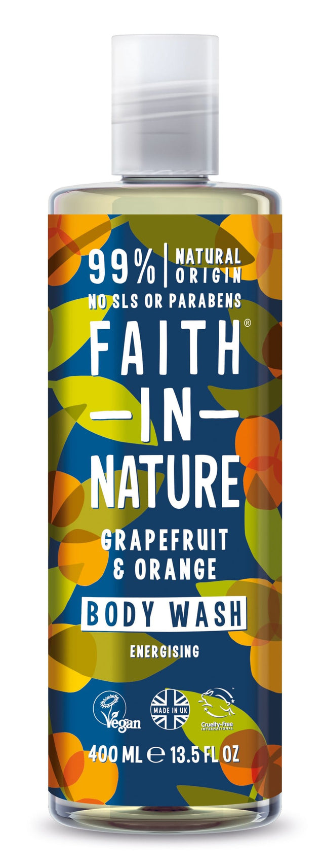 A 400ml bottle of Faith in Nature Grapefruit & Orange Body Wash with citrus oils and natural extracts