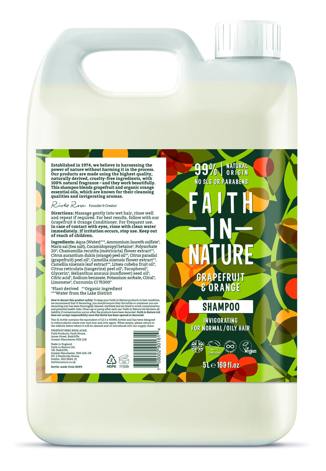 A 5-litre bottle of Faith in Nature Grapefruit and Orange Shampoo, featuring natural citrus ingredients and eco-friendly packaging