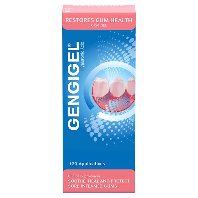 A 20ml tube of Gengigel Gel showing the natural mouth and gum care product based on hyaluronan, designed to protect against gum inflammation, support healing of oral tissues, and maintain healthy gums, especially for individuals prone to gum issues