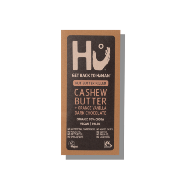 Creamy Hu Cashew Butter and Orange Dark Chocolate Bar, 60g, showcasing organic cocoa, cashew paste, vanilla bean, and orange oil in a dark chocolate coating