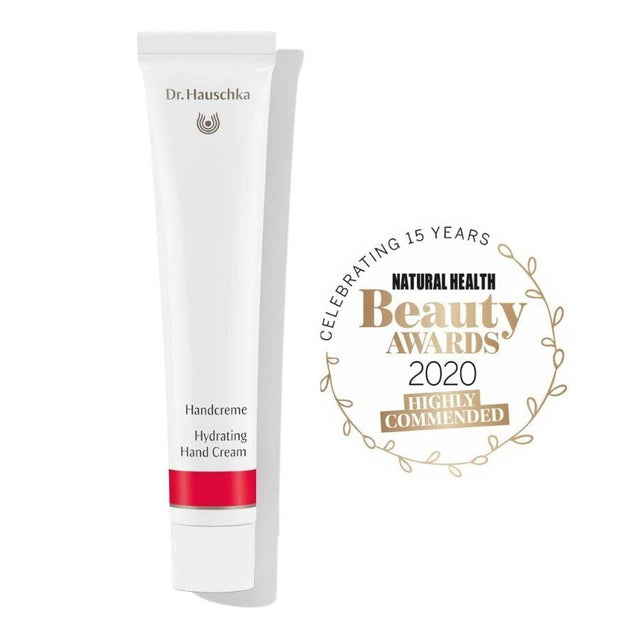 A 50ml tube of Dr Hauschka Hand Cream featuring natural ingredients like Bryophyllum extract, almond oil, beeswax, and plant-based oils, designed to hydrate, regenerate, protect, and soothe the skin of hands, especially effective for dry or eczema-prone skin in harsh environmental conditions