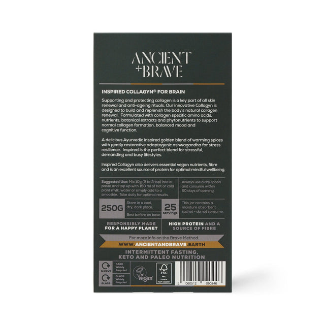 Ancient and Brave Inspired Vegan Collagyn showcasing a warming, comforting spice blend combined with adaptogens for stress resilience