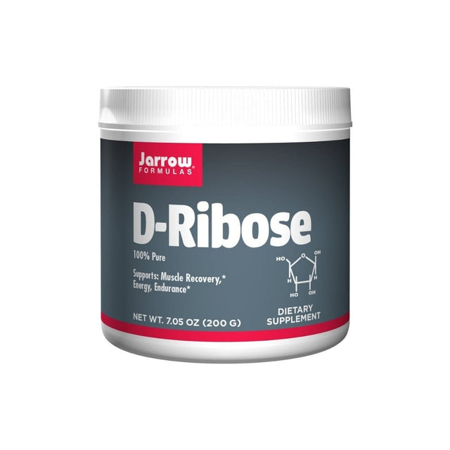 A close-up of Jarrow Formulas D-Ribose Powder 200g container, highlighting the product label and scoop of pure D-Ribose powder, emphasizing its role in supporting cellular energy and ATP synthesis
