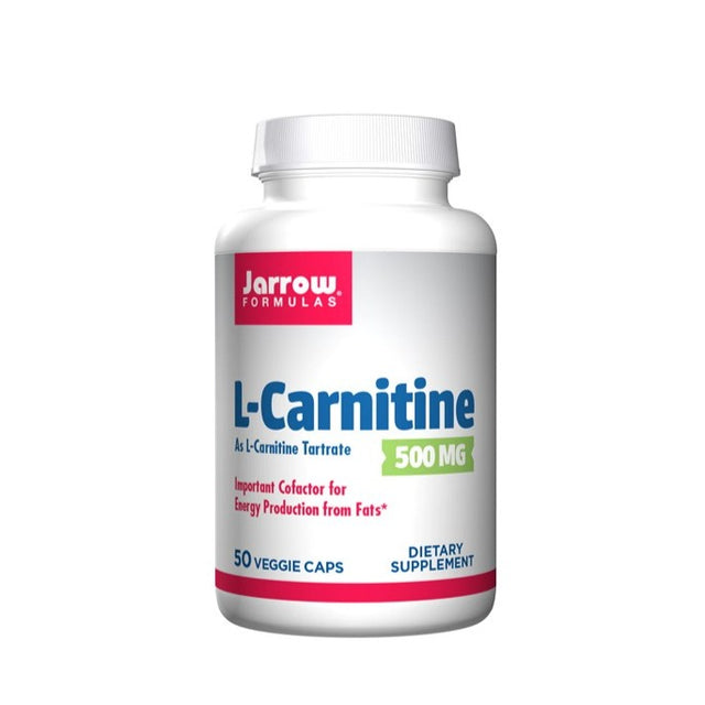 A bottle of Jarrow Formulas L-Carnitine 500mg capsules, with several capsules displayed alongside, illustrating supplement for supporting energy production and active lifestyles