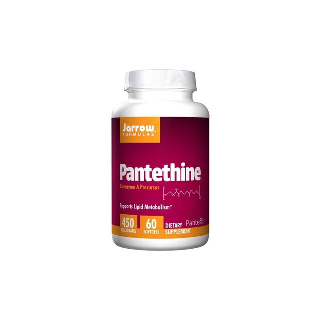 A bottle of Jarrow Formulas Pantethine 450mg softgels showing the supplement's label and packaging