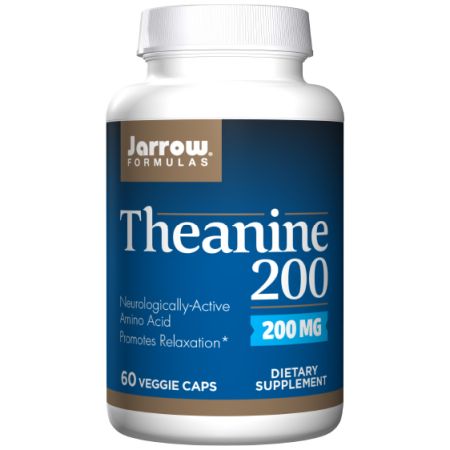 A bottle of Jarrow Formulas Theanine capsules containing 200mg of L-Theanine, a unique amino acid derived from green tea, designed to promote relaxation and enhance mood without causing drowsiness