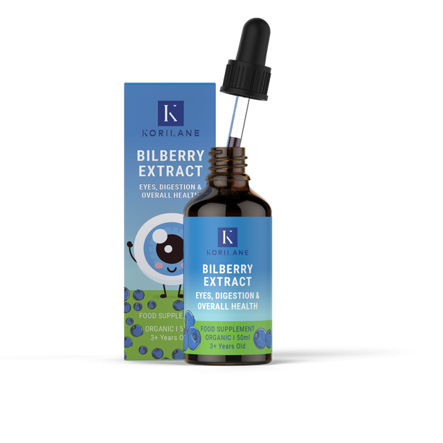 Close-up of the 50ml Korilane Bilberry Extract bottle showing the label and dropper