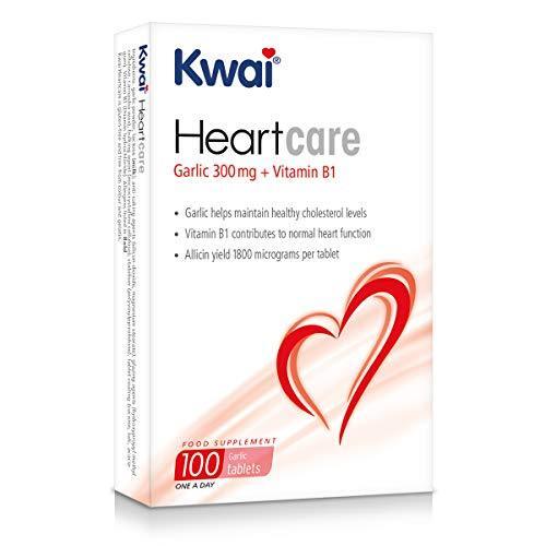 A close-up of Kwai Heartcare Garlic 300mg + Vitamin B1 tablets showing their odourless, coated, round shape with a smooth surface and label