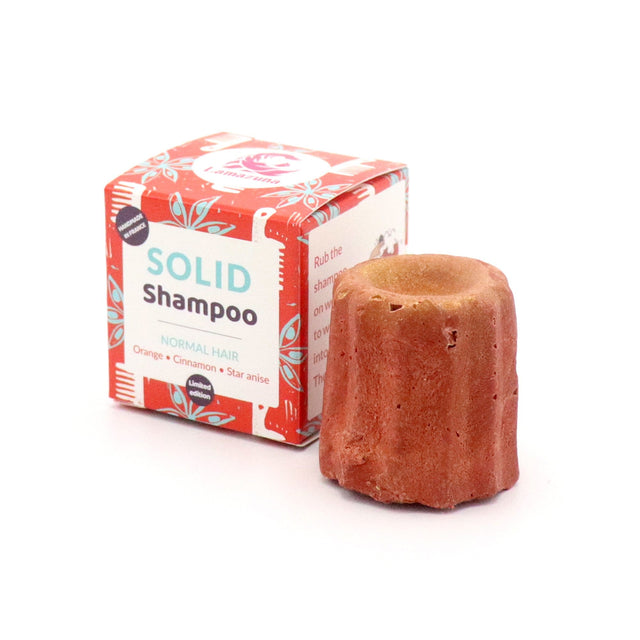 A close-up of Lamazuna Solid Shampoo for normal hair, featuring a 55g chocolate-scented bar with cocoa powder and cocoa butter, designed for zero-waste, sulphate-free hair cleansing