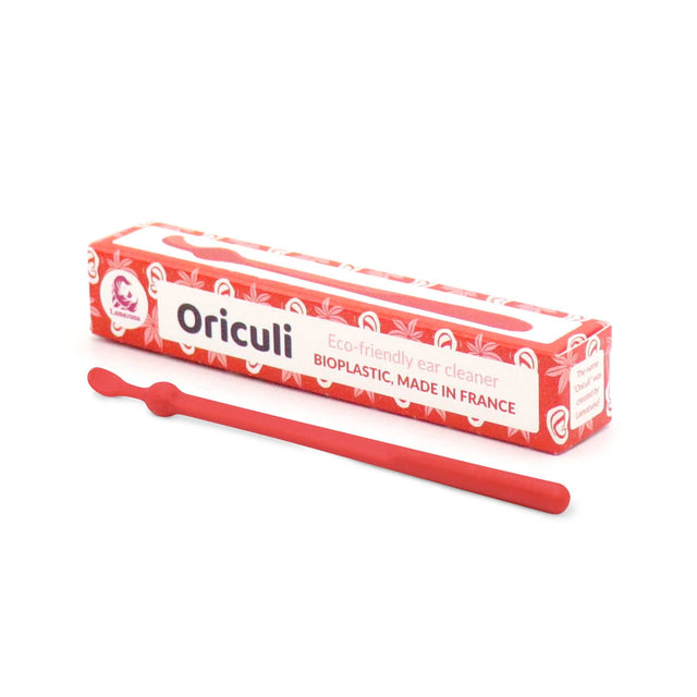 Eco-friendly Lamazuna Oriculi in vibrant red made from sustainable castor oil-based bioplastic, designed for safe, zero-waste ear cleaning
