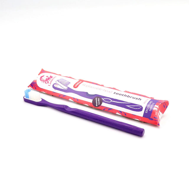 Purple Lamazuna medium bioplastic toothbrush with replaceable head for sustainable oral care