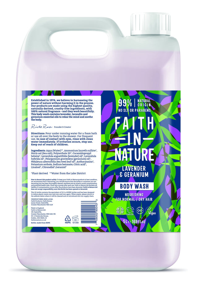 A large 5-litre bottle of Faith in Nature Lavender and Geranium Body Wash with botanical ingredients and natural floral oils