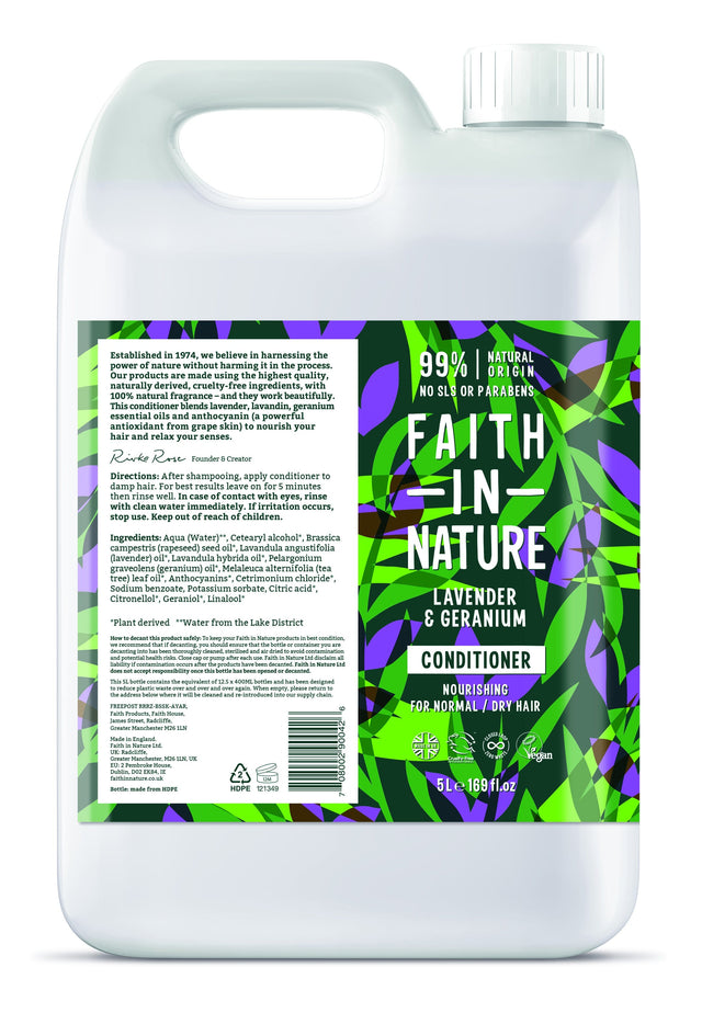 A 5-litre bottle of Faith in Nature Lavender and Geranium Conditioner featuring natural ingredients including lavender and geranium oils, designed to nourish and condition hair with environmentally friendly packaging