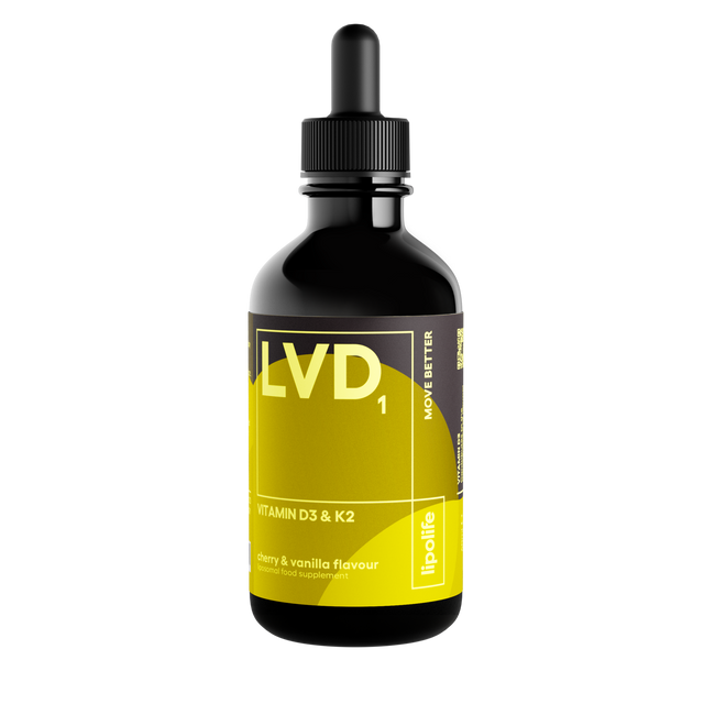A 60ml bottle of Lipolife LVD1 Liposomal Vitamin D3/K2 supplement showing the amber glass container with a pump cap