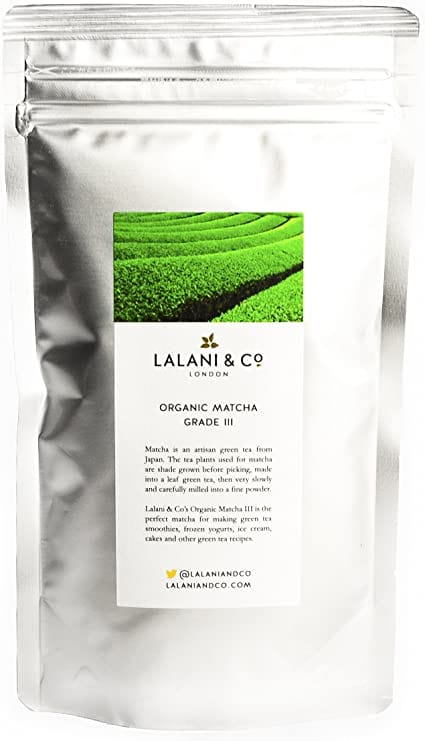 A 100g jar of Lalani & Co Organic Matcha Grade III tea, showcasing vibrant green powdered matcha from organic Japanese gardens, ideal for smoothies and baking