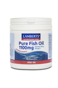 Long description of Lamberts Pure Fish Oil 1100mg capsules containing high-potency omega-3 fatty acids, including EPA 310mg and DHA 210mg per capsule, presented in a clear bottle with 180 gelatine capsules, highlighting its nutritional content and health benefits