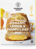 A colourful package of Supergood! Zest Fest Lemon & Poppy Loaf Mix, highlighting its gluten-free and organic ingredients on the label
