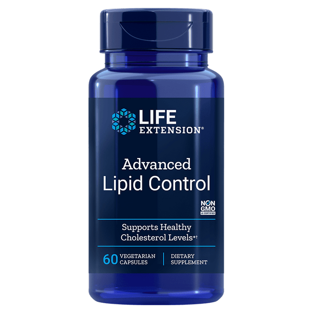 A close-up image of a bottle of Life Extension Advanced Lipid Control capsules, with 60 vegetarian capsules, highlighting the supplement's label and emphasizing its role in supporting cardiovascular health, blood lipid regulation, and artery protection through ingredients like black tea theaflavins and Indian gooseberry extract
