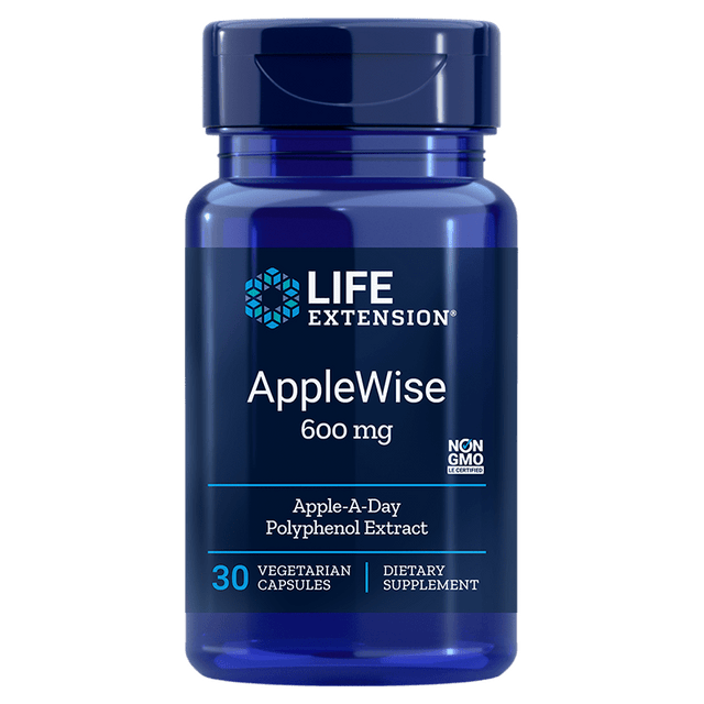 A bottle of Life Extension AppleWise 600mg capsules containing organic apple polyphenol extract, highlighting its health benefits in antioxidant support, inflammation reduction, and healthy glucose metabolism