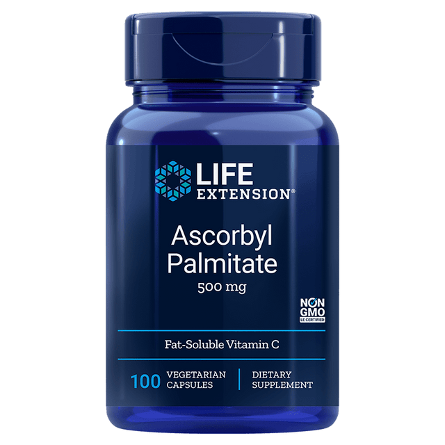 A bottle of Life Extension Ascorbyl Palmitate 500mg capsules with detailed product label and capsules displayed