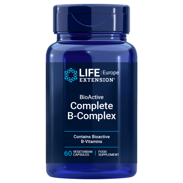 A bottle of Life Extension BioActive Complete B-Complex capsules displaying the label and 60 vegetarian capsules inside