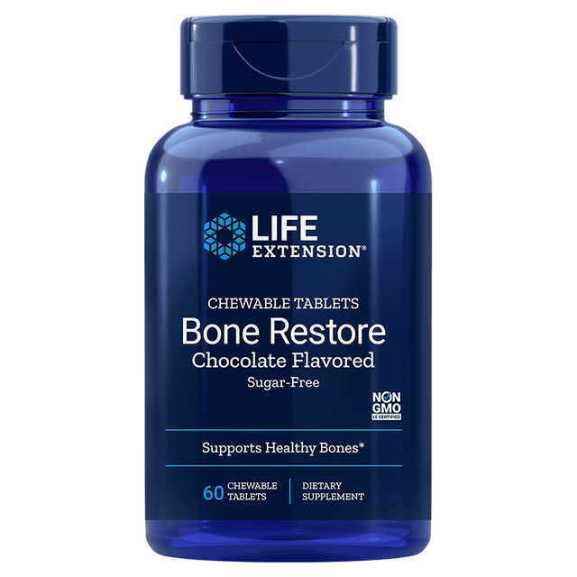 A chocolate-flavoured chewable tablet from Life Extension Bone Restore, containing calcium, vitamin D3, magnesium, zinc, and manganese to support strong, healthy bones