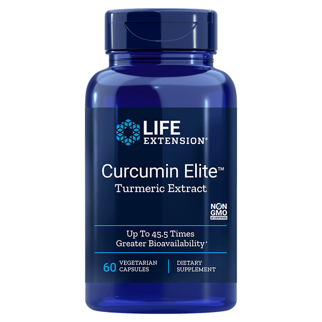 A bottle of Life Extension Curcumin Elite Turmeric Extract capsules highlighting its advanced formula with high bioavailability curcuminoids for supporting joint, heart, brain, immune, and liver health