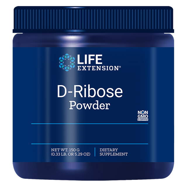 A 150g container of Life Extension D-Ribose Powder, showcasing its label with detailed nutritional information and a scoop for serving