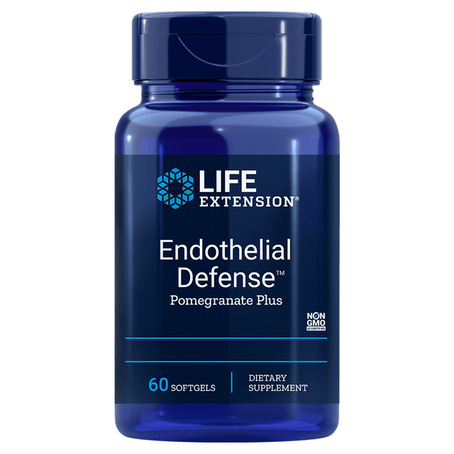 A close-up image of a bottle of Life Extension Endothelial Defense Pomegranate Plus softgels, showcasing 60 softgel capsules, with fresh pomegranate fruit, flower, and seed extracts displayed alongside a melon concentrate and citrus peel extract to highlight key ingredients
