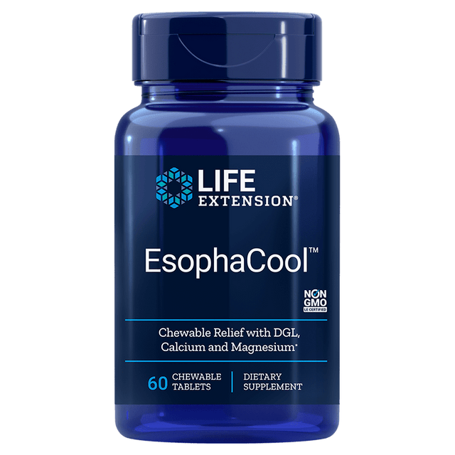 A close-up of Life Extension EsophaCool chewable tablets, showing the round, berry-flavoured tablets designed to neutralise esophageal acid and promote healthy esophageal function
